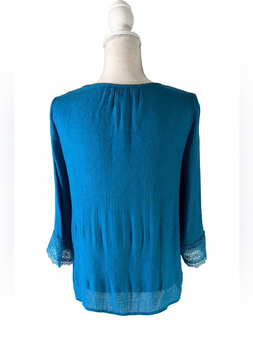Counterparts Teal Boho Peasant Blouse Lace Trim V-Neck 3/4 Bell Sleeve - Size S - Picture 4 of 16